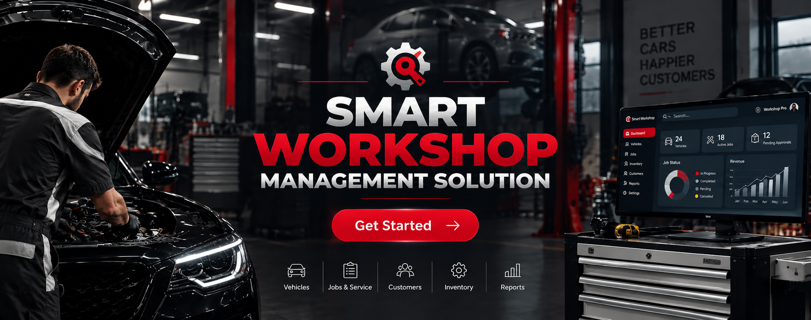 Modern automotive workshop with a mechanic, service bays and a digital workshop management dashboard