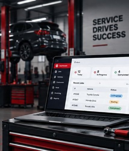 Automotive workshop with a vehicle on a lift and a laptop showing workshop operations
